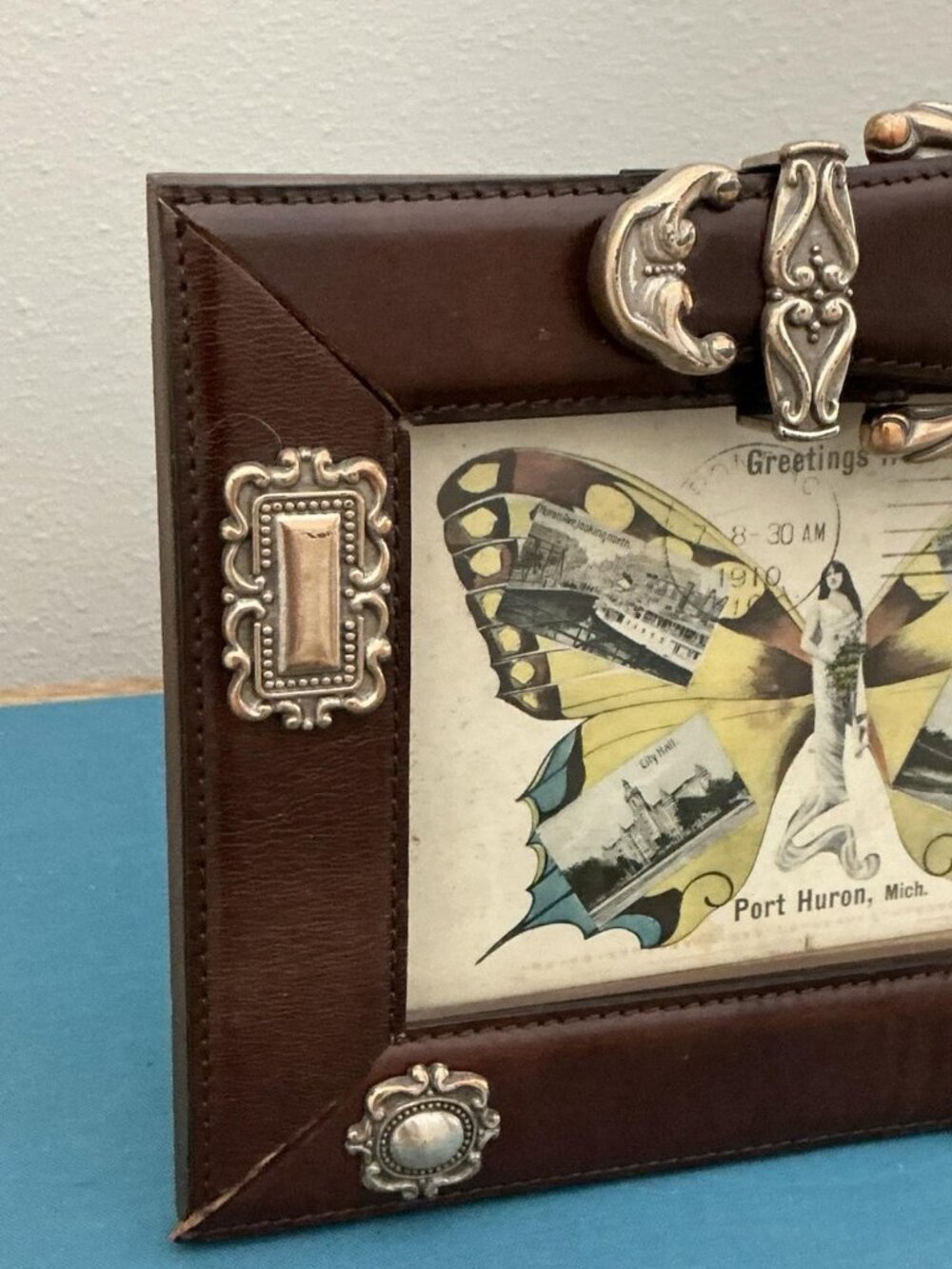 Vintage Leather Buckle Picture Frame 1910 Butterfly Girl Postcard - Picture 2 of 14